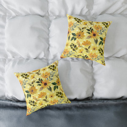 Yellow Flowers and Dots Canvas Pillow, 5 sizes
