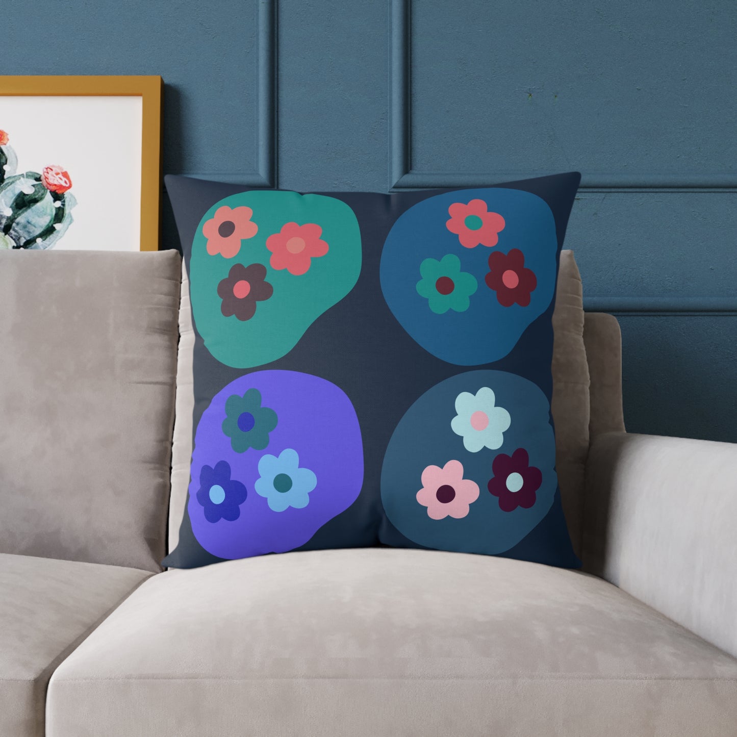 Blue Blooms Square Poly Canvas Pillow, 3 sizes
