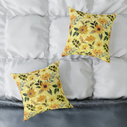 Yellow Flowers and Dots Canvas Pillow, 5 sizes