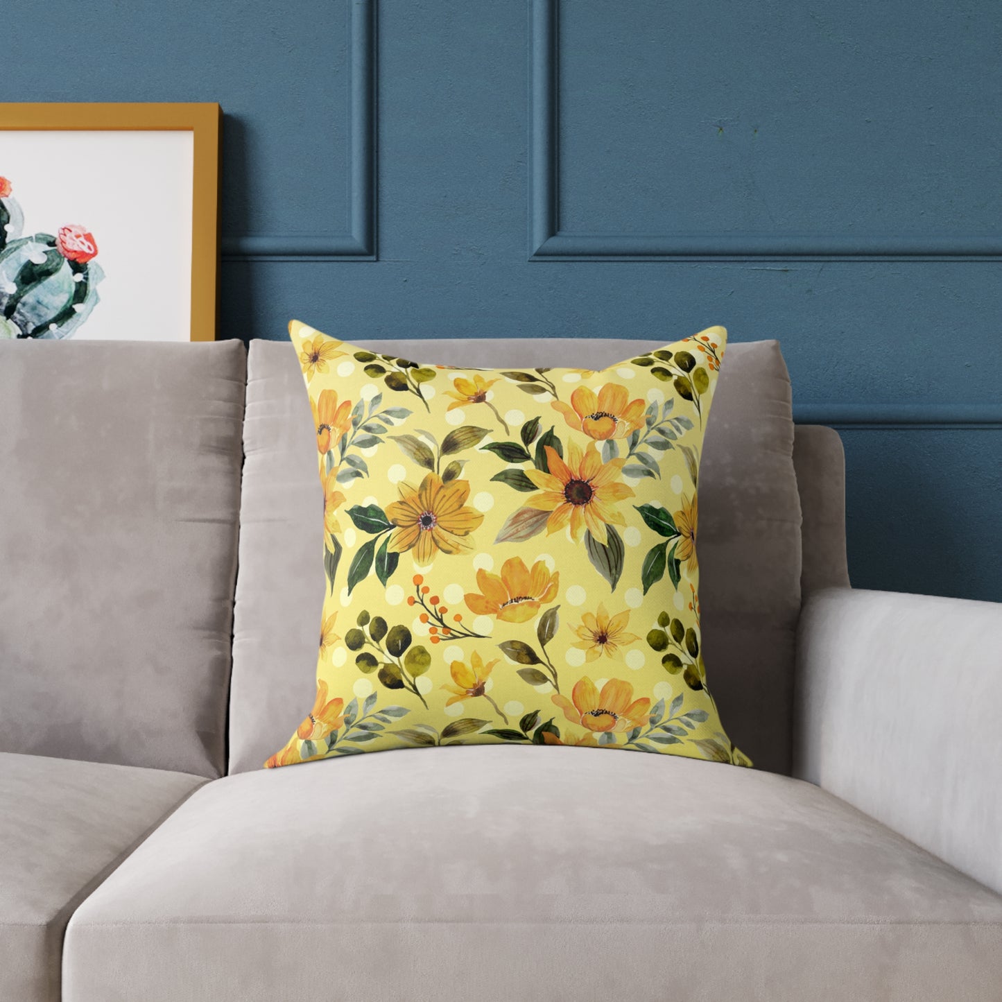 Yellow Flowers and Dots Canvas Pillow, 5 sizes