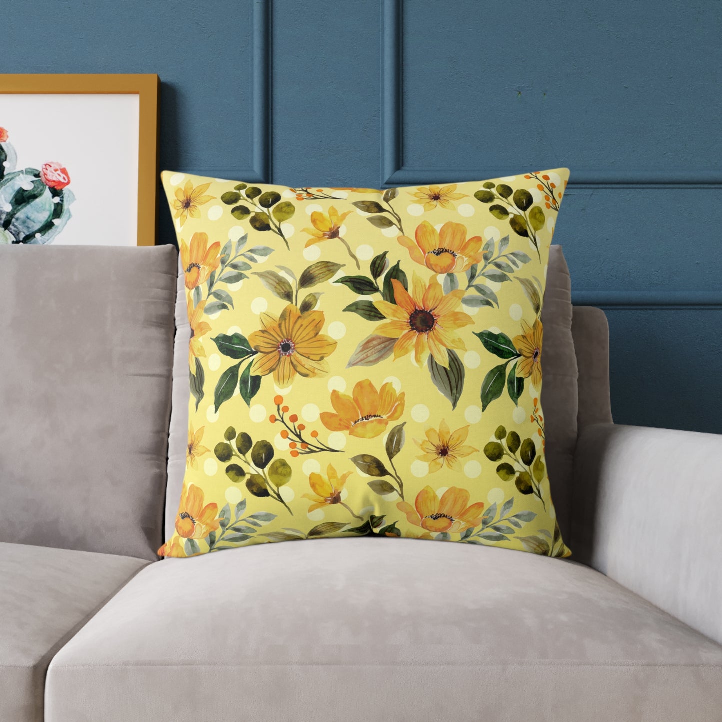 Yellow Flowers and Dots Canvas Pillow, 5 sizes