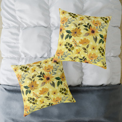 Yellow Flowers and Dots Canvas Pillow, 5 sizes
