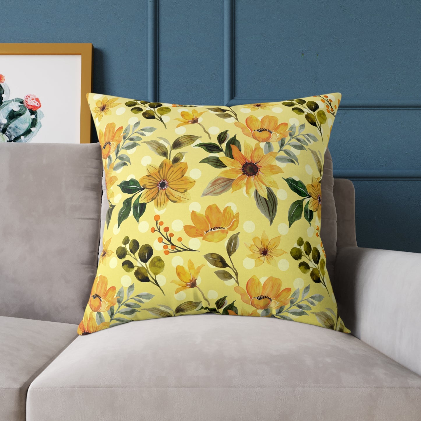 Yellow Flowers and Dots Canvas Pillow, 5 sizes